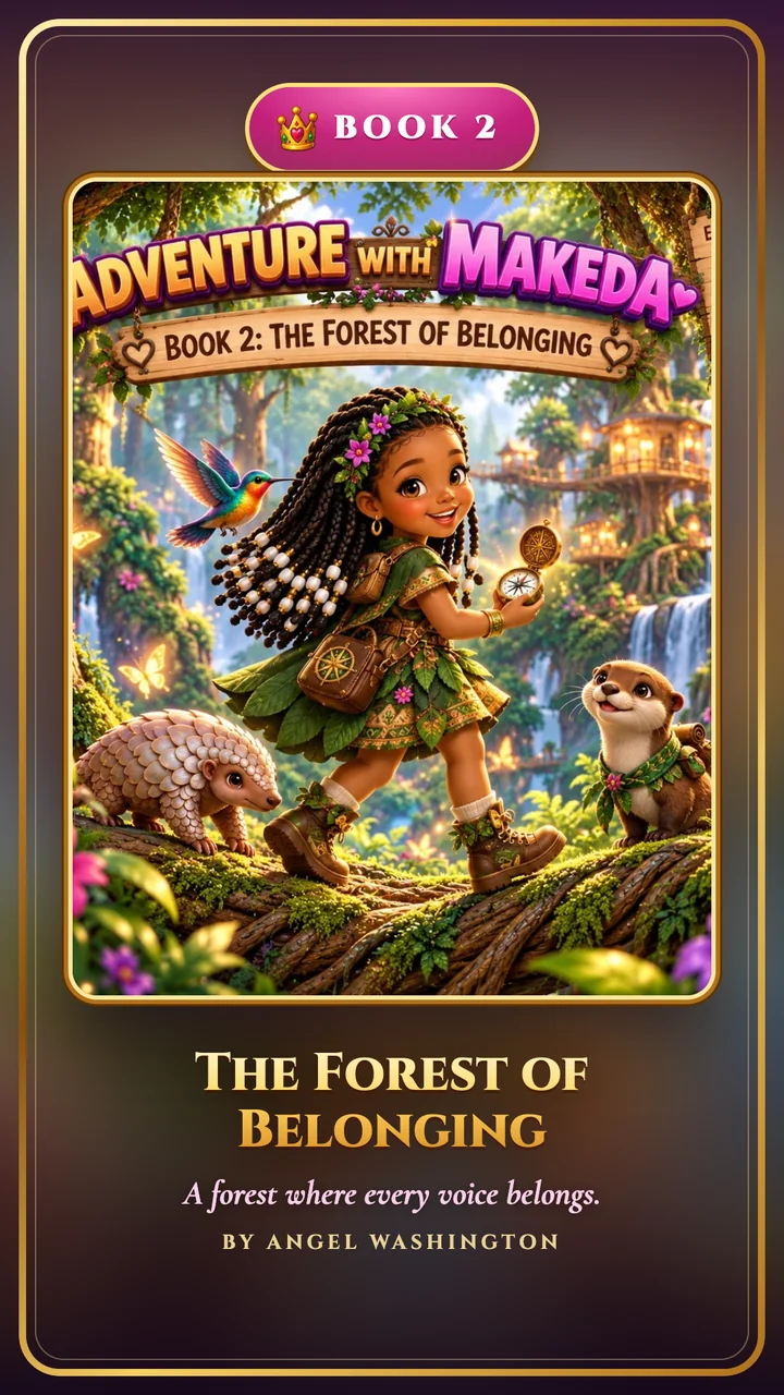 Book 2: The Forest of Belonging. Makeda walks a mossy branch with a compass, a hummingbird, a pangolin and an otter.