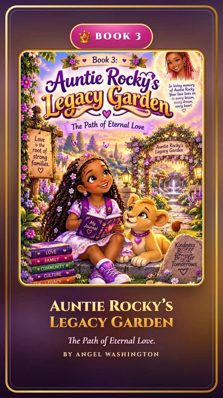 Book 3: Auntie Rocky&rsquo;s Legacy Garden, The Path of Eternal Love. Makeda writes in her journal in a blooming garden with Faith.