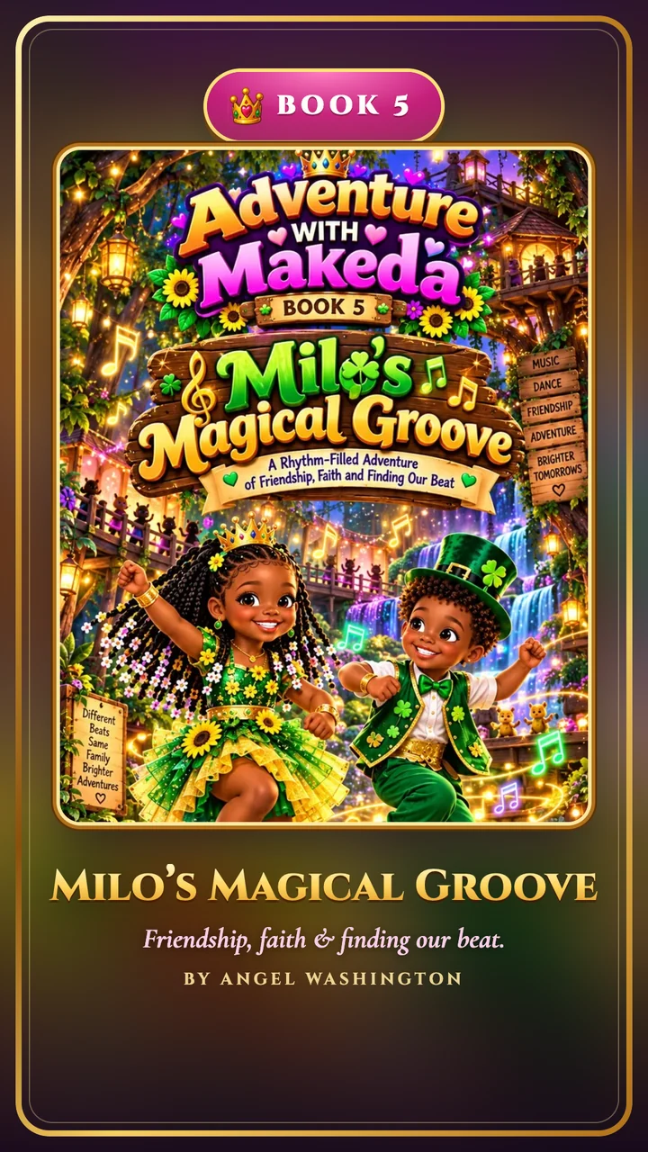 Book 5: Milo&rsquo;s Magical Groove. Makeda and her cousin Milo dance on a glowing treehouse stage full of music notes and forest friends.