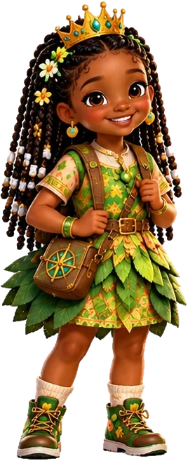 Makeda in her leaf skirt, adventure boots, and golden crown, smiling with her satchel.