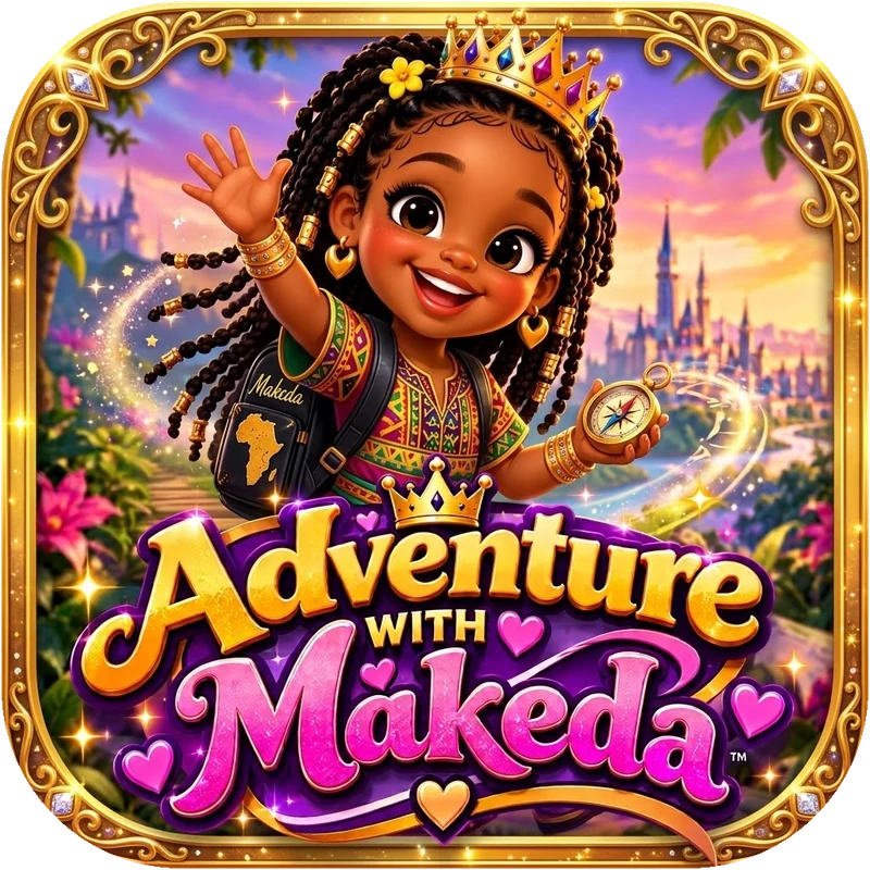 Theme song artwork: Makeda waving in her crown, holding a compass, above the Adventure with Makeda logo.